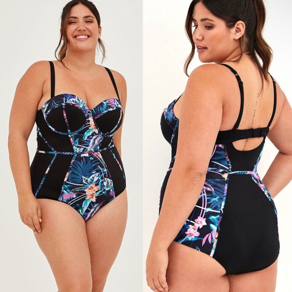 Torrid One Piece Swimsuit Floral Black Tropical Ribbing Size 12 D/DD (Torrid 0)